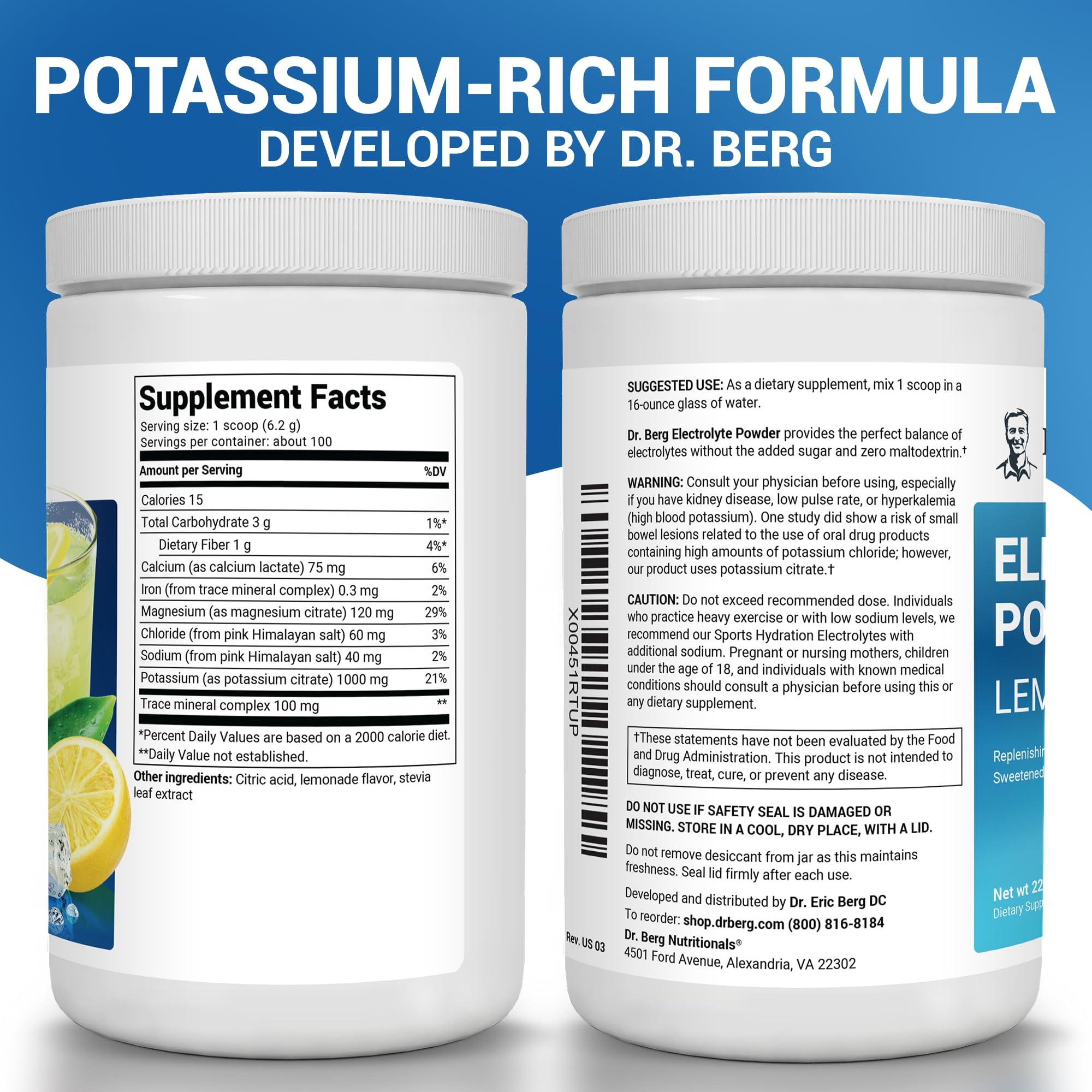 Dr. Berg Nutritionals Dr. Berg Zero Sugar Hydration Keto Electrolyte Powder - Enhanced w/ 1,000mg of Potassium & Real Pink Himalayan Salt (NOT Table Salt) - Lemonade Flavor Hydration Drink Mix Supplement - 100 Servings