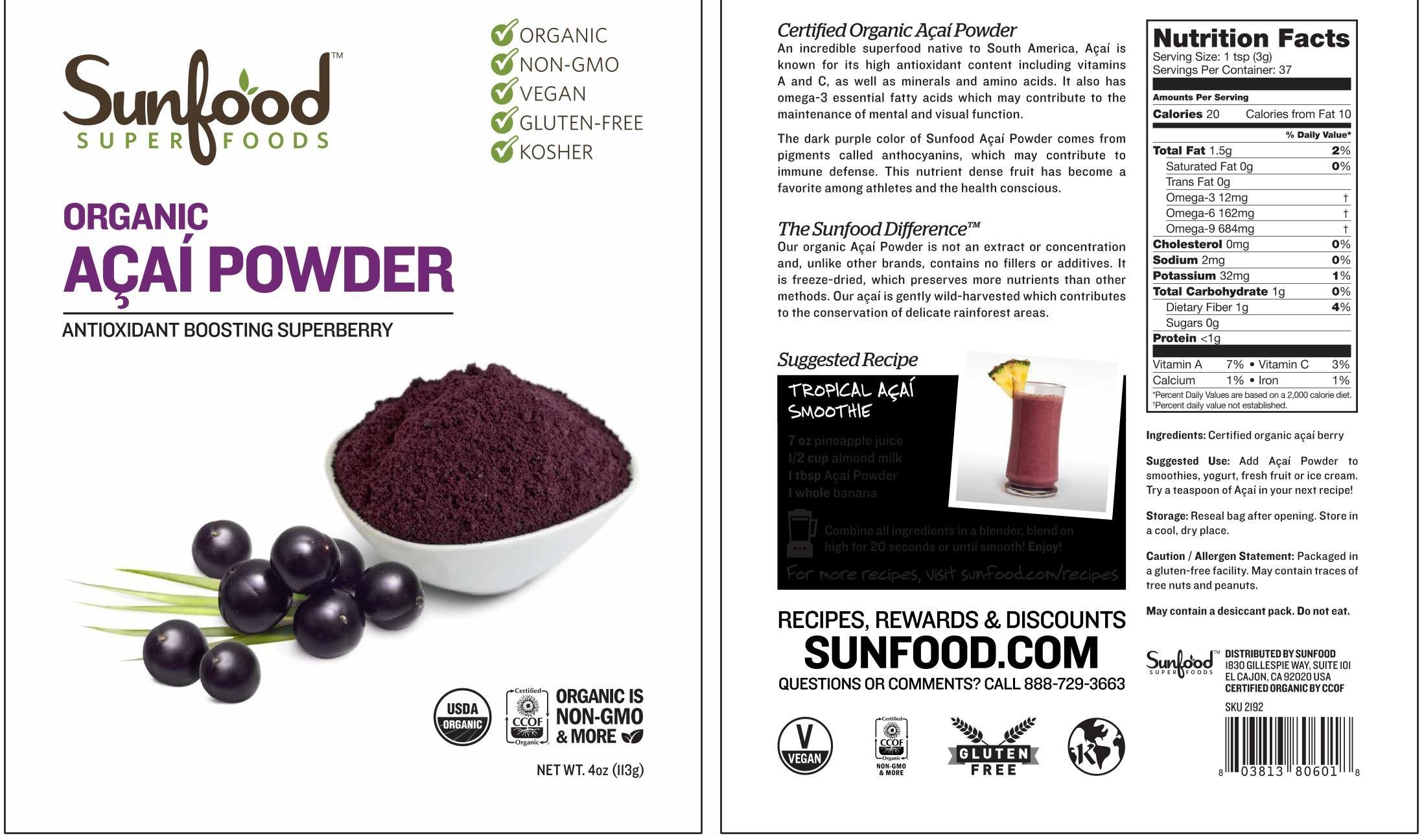 Sunfood Superfoods Sunfood Acai Powder | Organic & Unsweetened | 100% Raw Freeze Dried Berries | Natural Antioxidant | Non-GMO, Gluten-Free | Ultra-Clean: No Fillers, Additives, Preservatives | 4 Ounce Bag