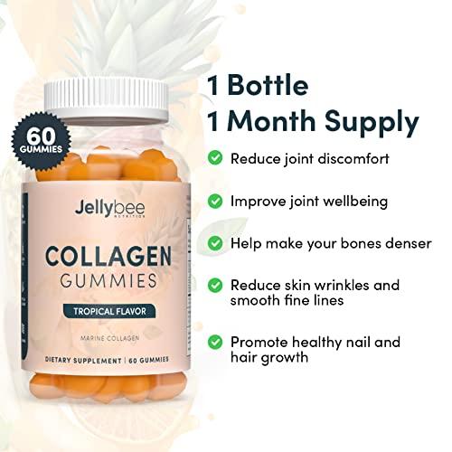 JellyBee JellyBee Collagen Gummies-Tropical Flavor Natural and Delicious-Supplement for Joint Inflammation, Joint Stiffness, Bone Density and Promote Healthy Nails and Hair-60 Non-GMO (1 Bottle)