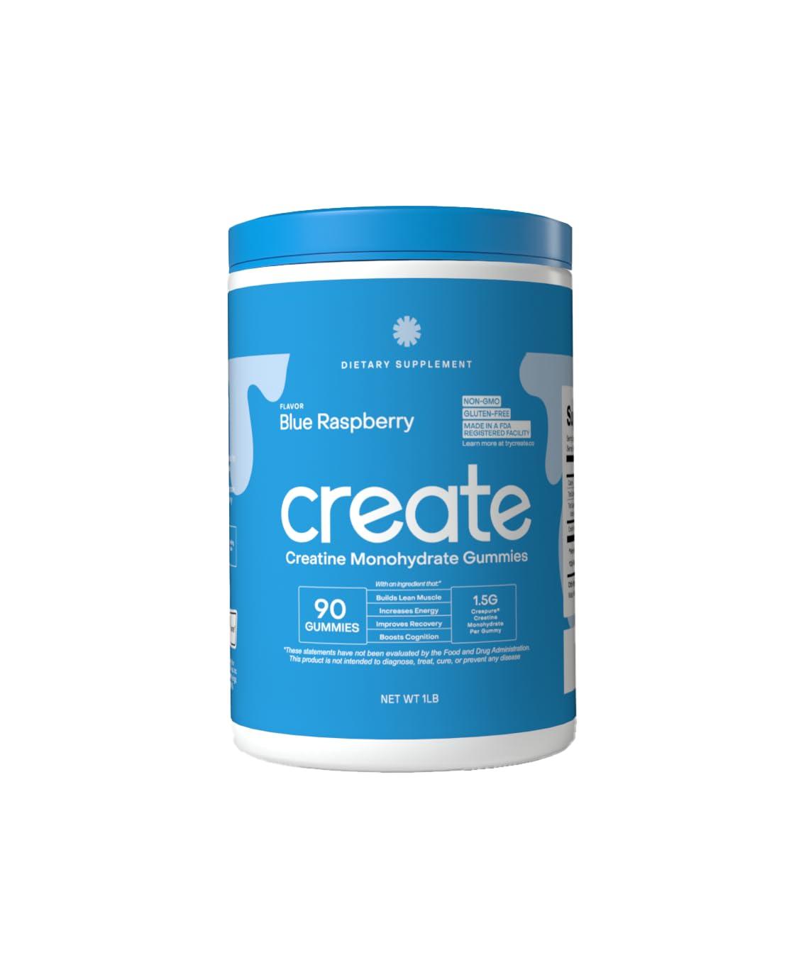 Create Create Creatine Monohydrate Gummies for Men & Women, Boost Focus, Strength, and Endurance, Anti-Melting Formula, Vegan, Gluten-Free, Non-GMO, 1.5g of Creatine per Gummy (Blue Raspberry, 90ct)