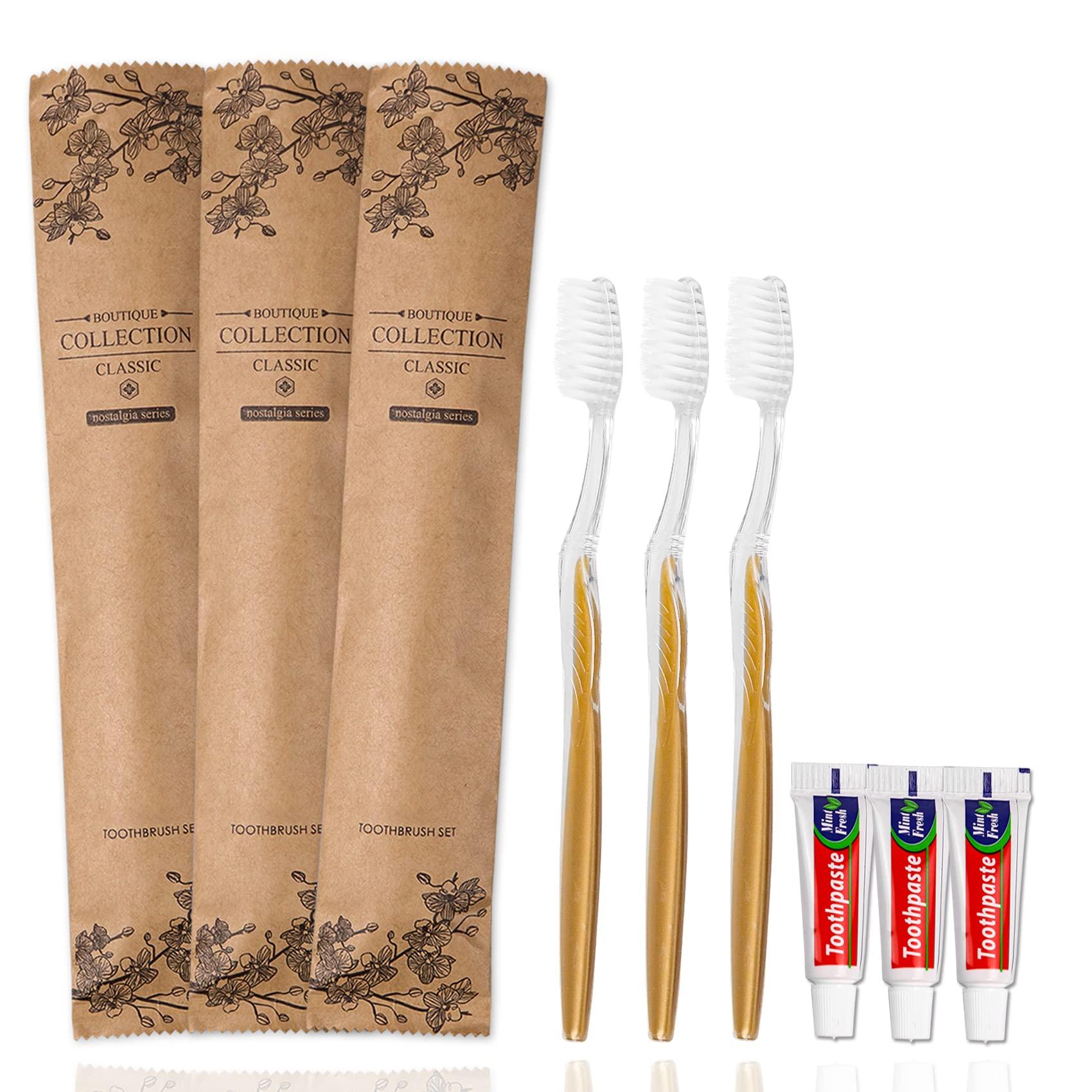 HQSLsund HQSLsund 20 pcs Disposable Toothbrush with Toothpaste Bulk Individually Wrapped, Travel Toothbrush Kit, Hotel Toothbrushes Bulk for Airbnb,Shelter/Wedding/Nursing Home/Charity/Homeless, Gold