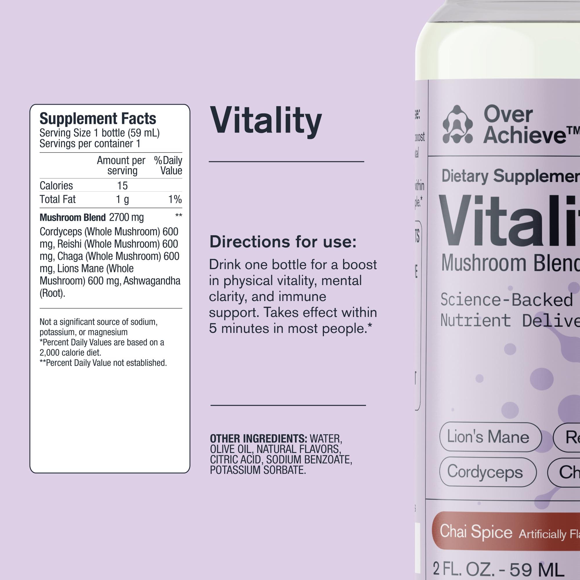 OVERACHIEVE OVERACHIEVE Mushroom Supplement Drink, Fast-Acting Vitality Blend, Cordyceps, Reishi, Chaga, Lions Mane,Ashwaganda, for Adults, Chai Spice Flavor 2 fl oz (3 Pack)
