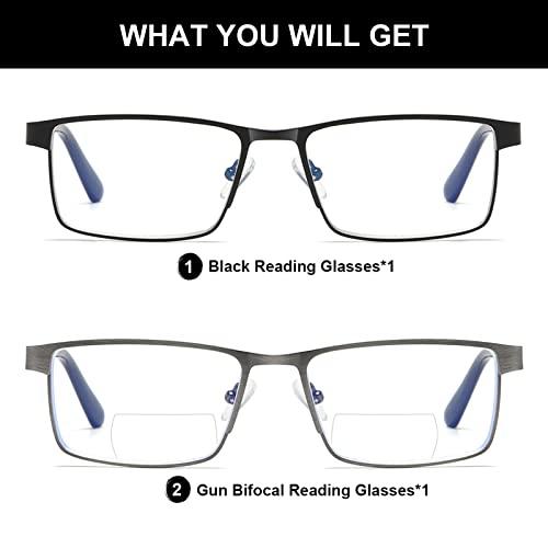 LKEYE Bifocal Reading Glasses for Men Blue Light Blocking Computer Readers Lightweight Metal Frame Eyewear Spring Hinge 2PACK 1.25