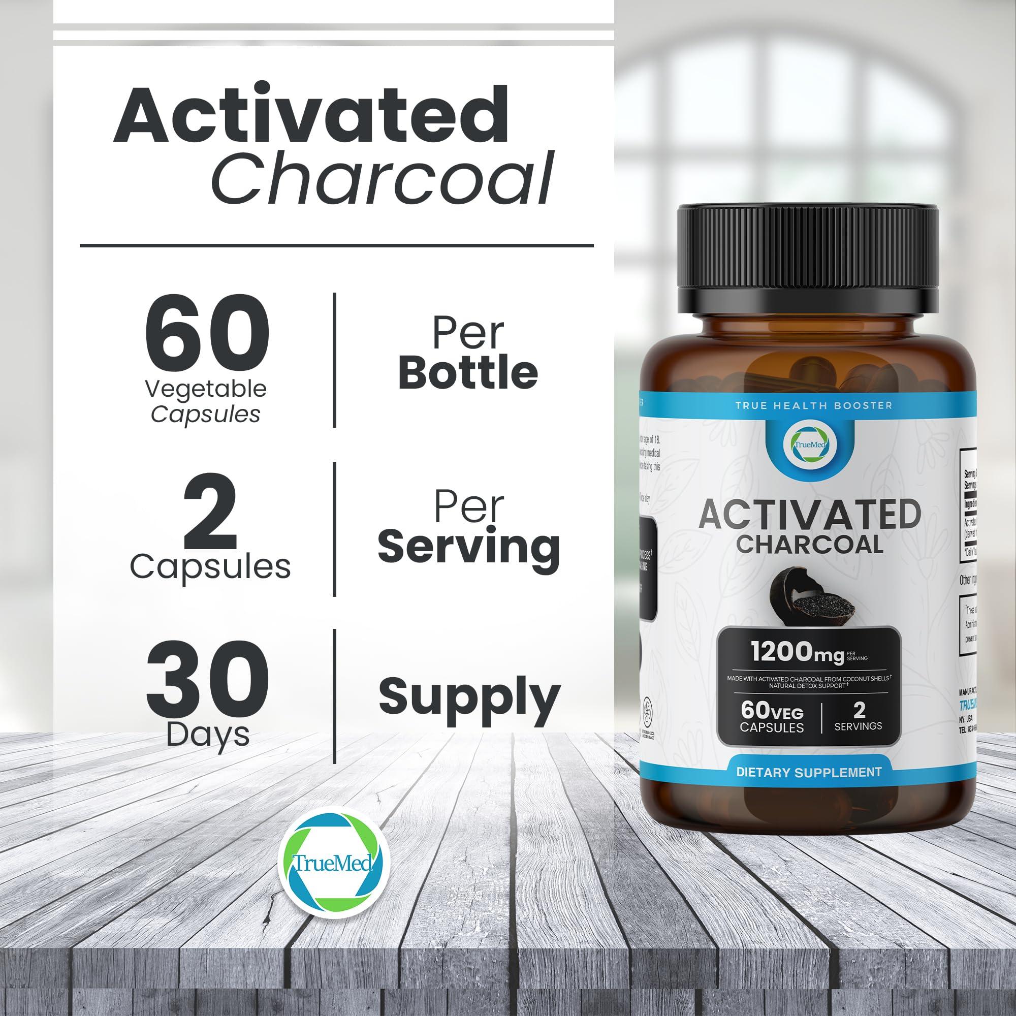 TRUEMED TRUEMED Activated Charcoal Organic Coconut Shell Derived Charcoal Capsule,1200mg, 60 Capsules, Support Detox & Digestive Health, Activated Charcoal Capsules for Health-Conscious Individuals