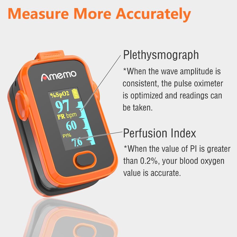 Amemo Pulse Oximeter,OLED Display Oxygen Monitor Fingertip,Blood Oxygen Saturation Monitor(SpO2) with Carrying Case,Silicone Cover (Orange)