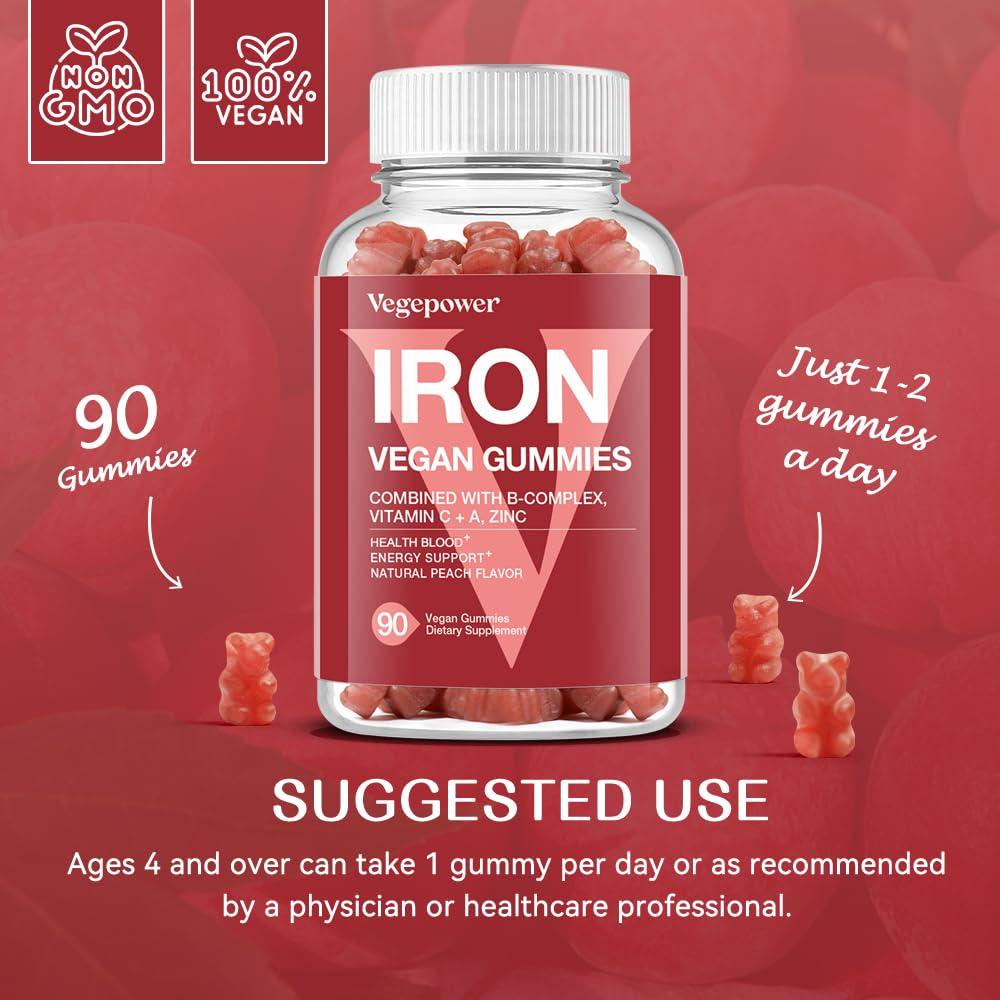 VEGEPOWER Iron Gummies Supplements for Women & Kids - Multivitamin with Iron for Blood Oxygen, Great Tasting Iron Gummy Vitamins with Vitamin C for Max Absorption - Vegan Iron Chewable, Peach Flavor(3 Packs)