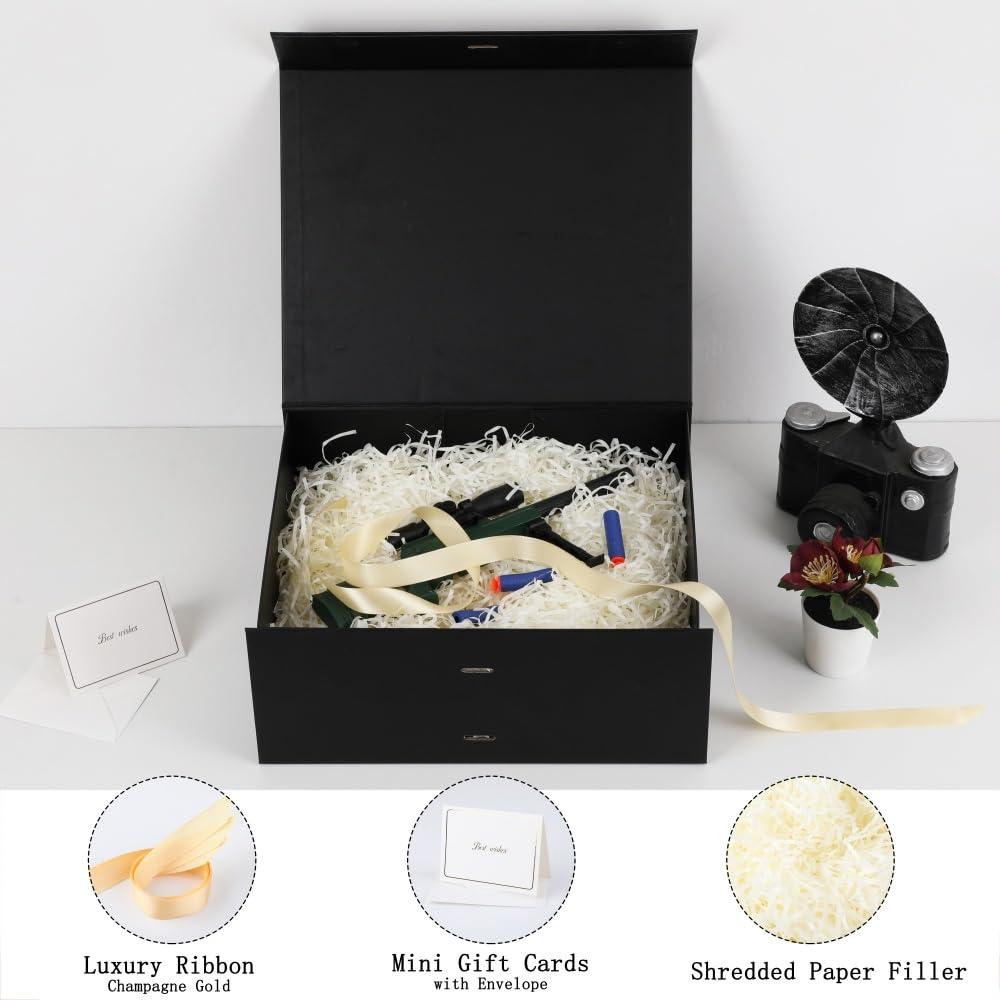 BoxSkivra Large Gift Boxes with Lids 5 Pack 13X11X5.3 Inch Large Black Gift Box with Ribbon Foldable Gift Boxes for Presents Easter Gift Box Groomsman Proposal Box Shredded Paper for Gift Box with Cards