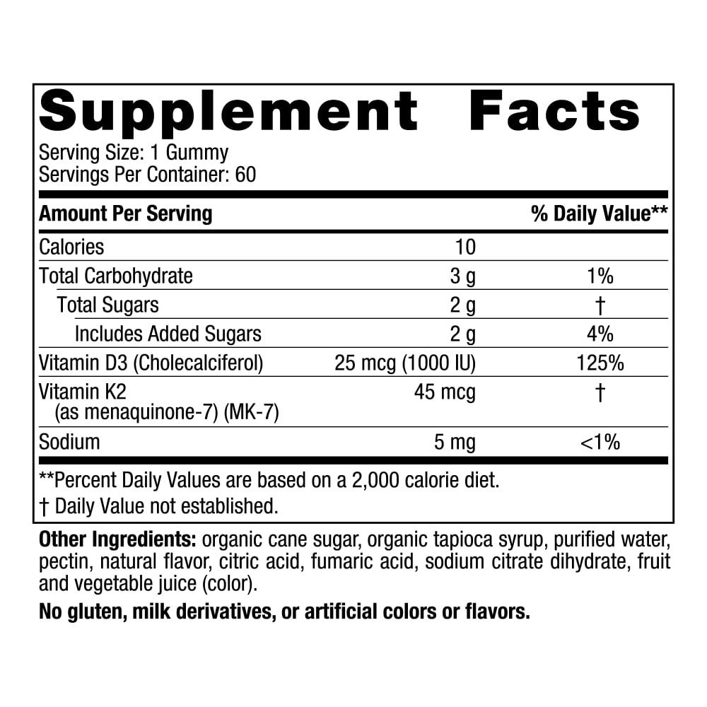Nordic Naturals Nordic Naturals Vitamin D3 + K2 Gummies, Pomegranate - 60 Gummies - 1000 IU Vitamin D3 + 45 mcg K2 - Great Taste - Bone Health, Promotes Healthy Muscle Function - Non-GMO - 60 Servings