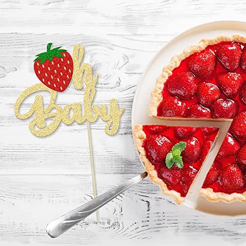 Ephlyn 1Pc Strawberry Oh Baby Cake Topper Glitter Fruit Theme Babyshower Strawberry Cake Decoration for Gender Reveal Baby Shower Kids Boys Girls Birthday Party Cake Decorations Supplies