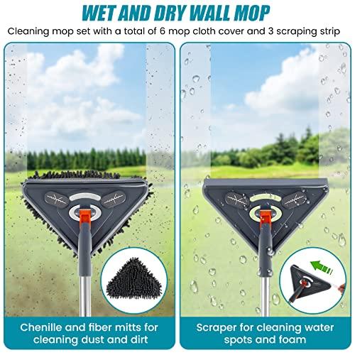 Janoiuc 85 in Wall Cleaner Mop, with Handle Adjustable Ceiling Cleaning Mop, 360 Rotating Ceiling Dust Cleaner with 6 Replaceable Pads, Reusable Baseboard Cleaning Tool Dry and Wet Use for Window Wall