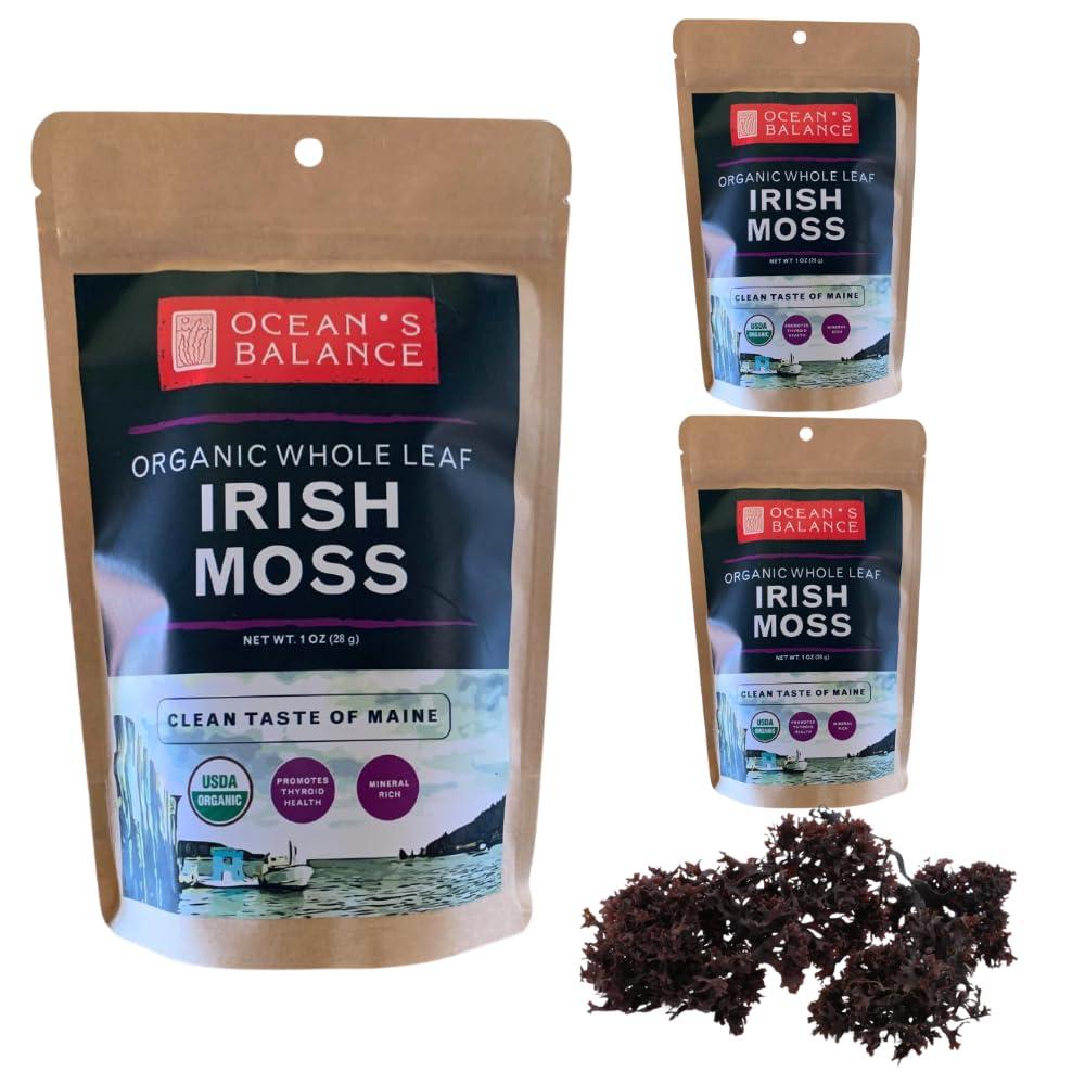 Ocean\'s Balance Clean Taste of Maine Oceans Balance Whole Leaf Irish Sea Moss Organic - Organic Sea Moss - Perfect for Keto Diet, Paleo Diet, Vegetarian, or Vegan Diet Gluten Free, Mineral Rich 3x1 oz Bag