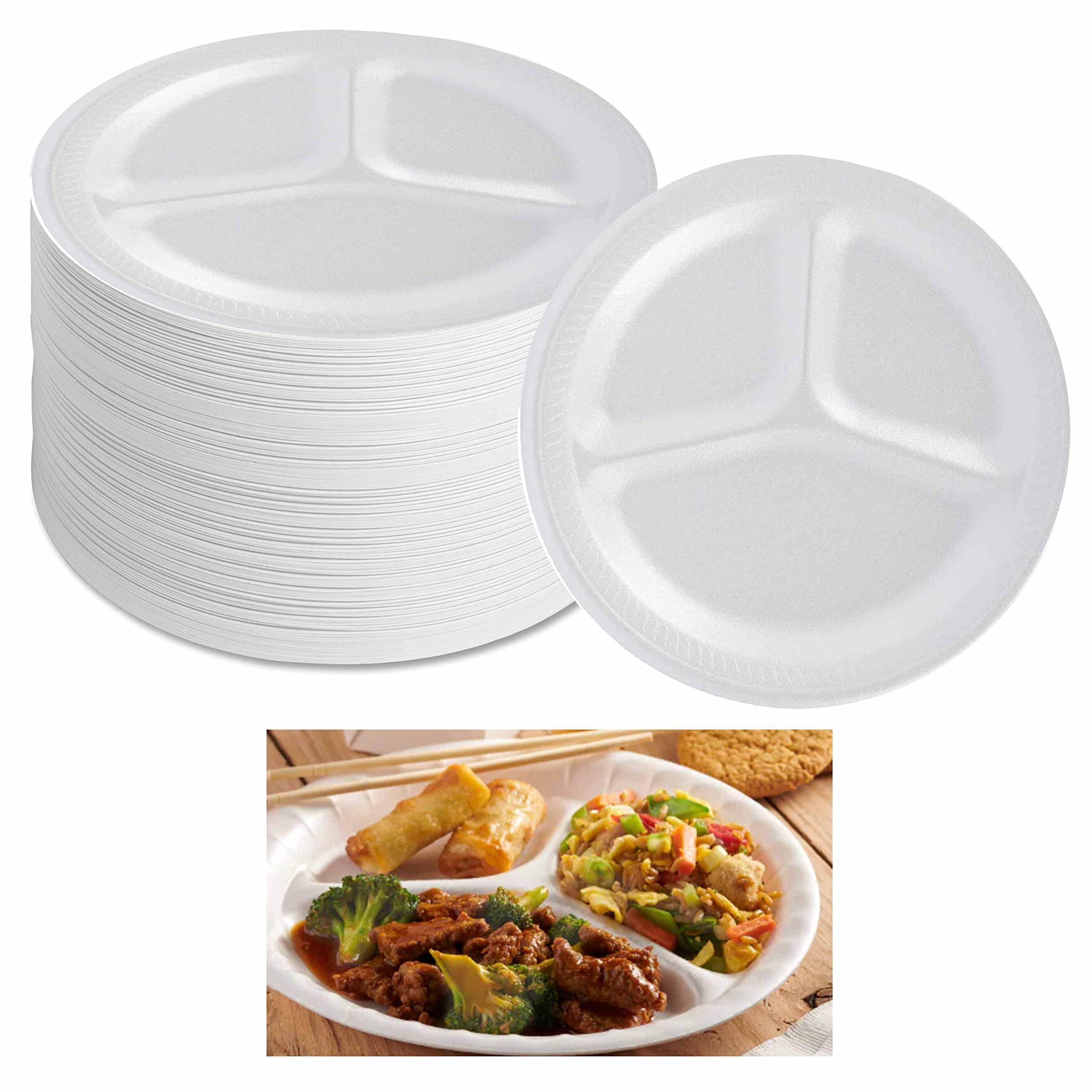 GENERIC 110 Foam White Plates 8 7/8in 3 Compartment Resistant Durable Disposable Picnic Foam Lunch Plate Dinner Plate Food Grade Material Reusable Dinner Plates Party Soak Proof Heavy Duty 3 section White to