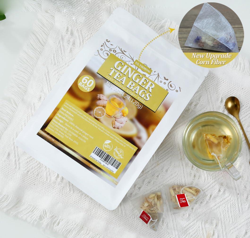 ULTHMOK 60 Premium Ginger Tea Bags, Made with 100% Natural Ginger Root, Warm & Spicy, Support Digestion & Boost Immunity, No Additives & Caffeine Free.