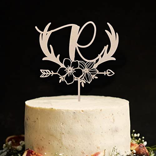 Vinisong Vinisong Personalized Initials Cake Topper Wreath Letter R Cake Topper Wood Monogram Cake Topper Rustic Wedding Cake Topper Birthday Cake Decoration(Design 01,R)