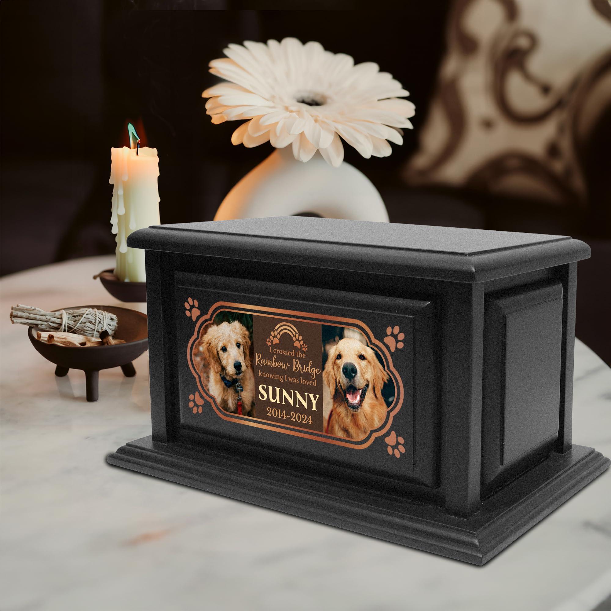 Basic Fundamentals 250lbs Personalized Pet Urns Made of Solid Pine Wood, Custom Urn Box for Dog Ashes, Large Burial and Cremation Urns for Dog Memorial, Black Wood Color (Design 12)