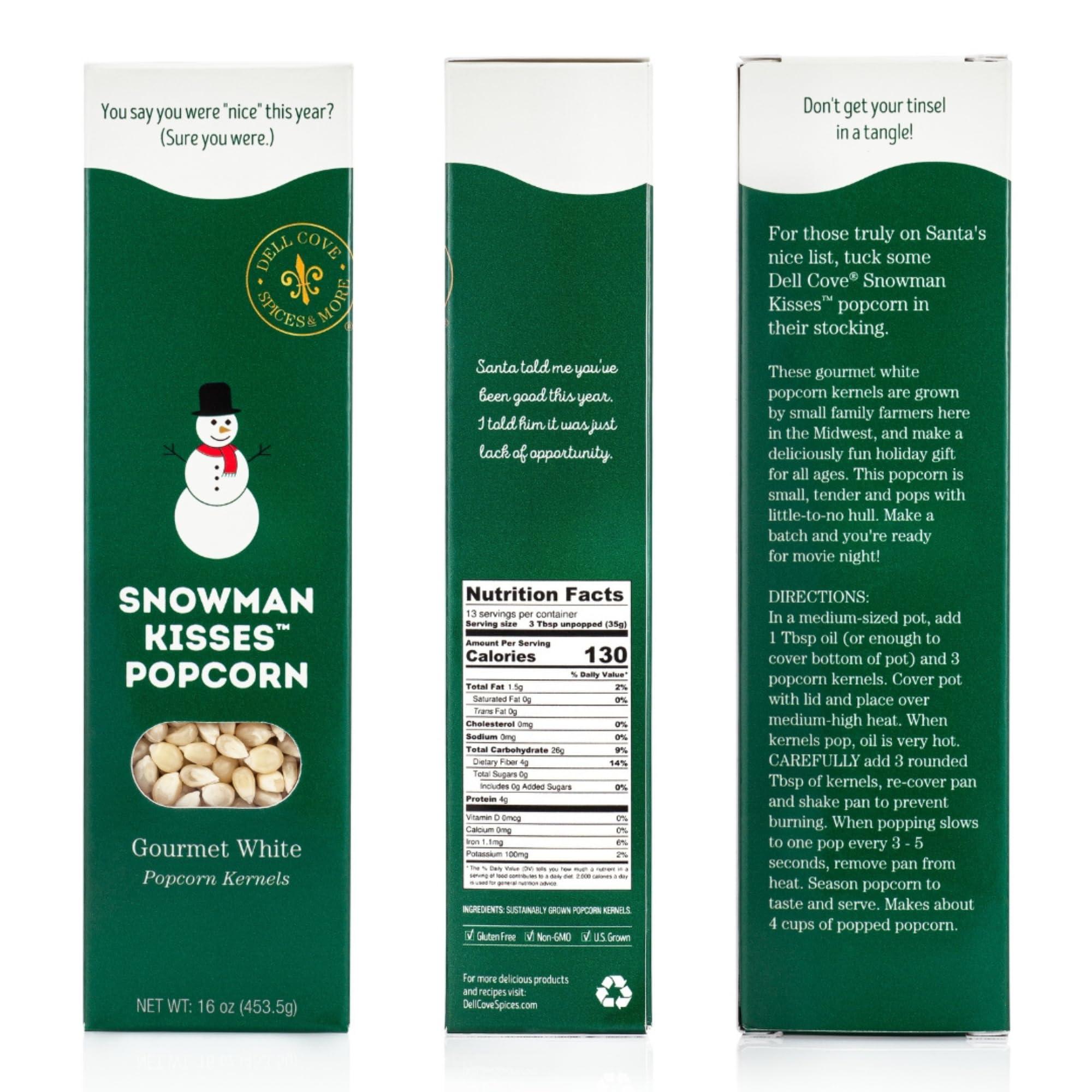 DELL COVE SPICES & MORE Snowman Kisses Gourmet Popcorn Kernels by Dell Cove Spices - Unique Christmas Stocking Stuffer Gift - Ideal for Stovetop, Popcorn Machines and Popcorn Makers, One Pound