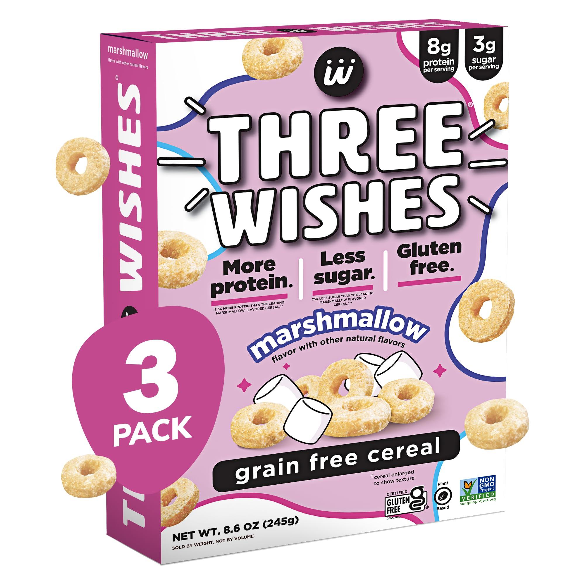 Three Wishes Protein and Gluten Free Breakfast Cereal by Three Wishes (3-Pack) - Marshmallow 8g of Protein and 3g of Sugar Snack - Kosher, Grain-Free, Dairy-Free, Vegan and Peanut-Free - Non-GMO