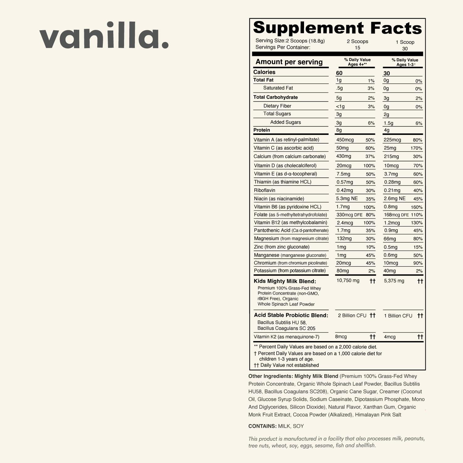 Nurished Nurished Vanilla Mighty Milk - Kids All-in-One Daily Protein Powder & Multivitamin Boosted with 2 Billion Probiotics & Organic Spinach - Natural Flavors, Colors & Sweeteners - 15-30 Servings