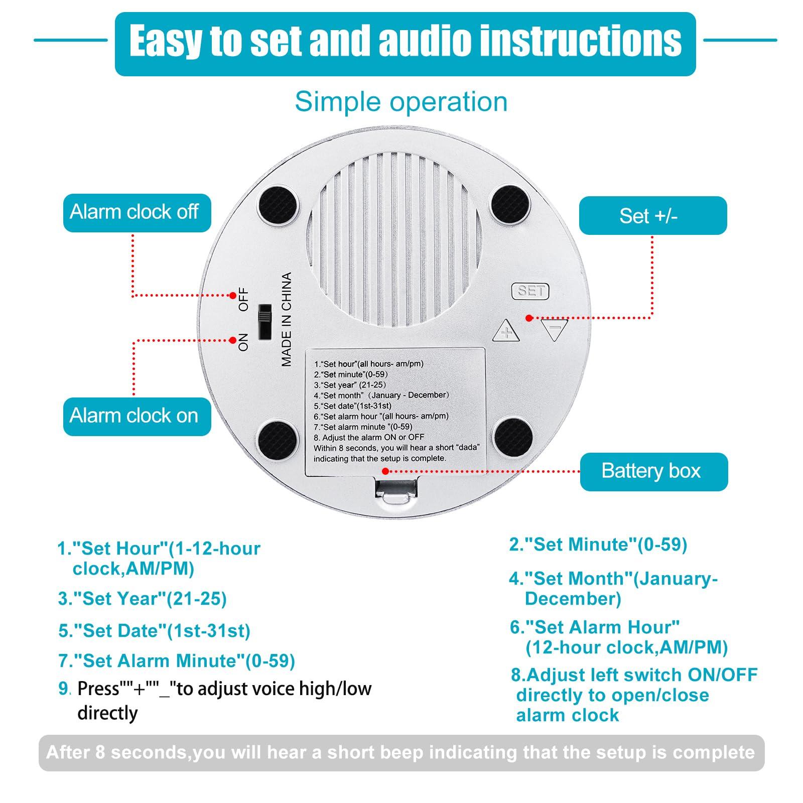 BATVOX BATVOX Large Talking Button Clock, Talking Alarm Clock with Volume Control, Telling Time and Day of The Week, Alarm, Gift Clock for Mother,Father,Seniors,Elderly,Blind People (Silver&Blue)