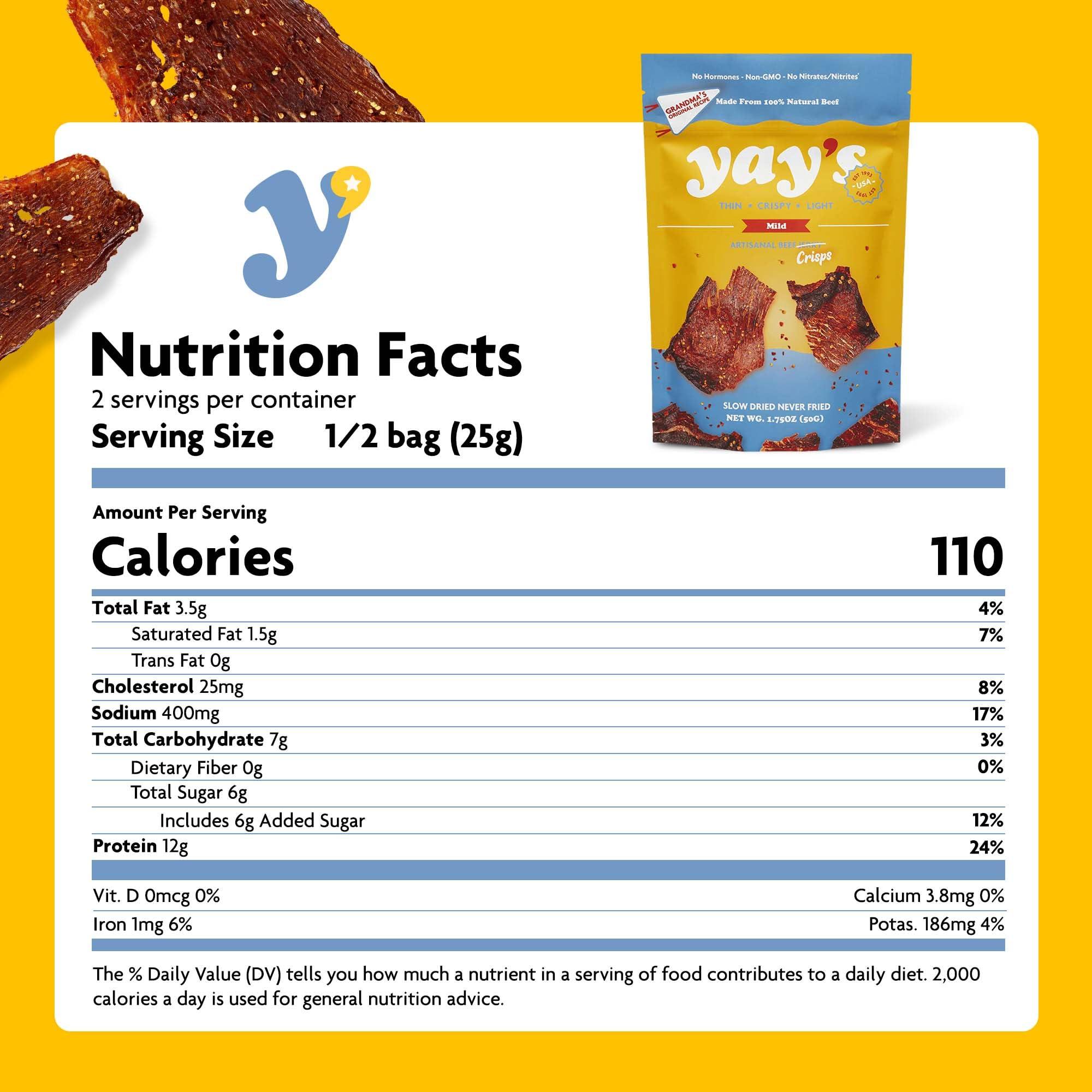 Yay\'s Yay\'s Snacks Sweet and Spicy Beef Crisps | Crispy, Crunchy, High Protein Snacks | Mild Beef Jerky with 24G Protein Snacks Per Bag | Healthy Meat Snacks Non-GMO, USA Made - 3 Packs (1.75 Oz Each)