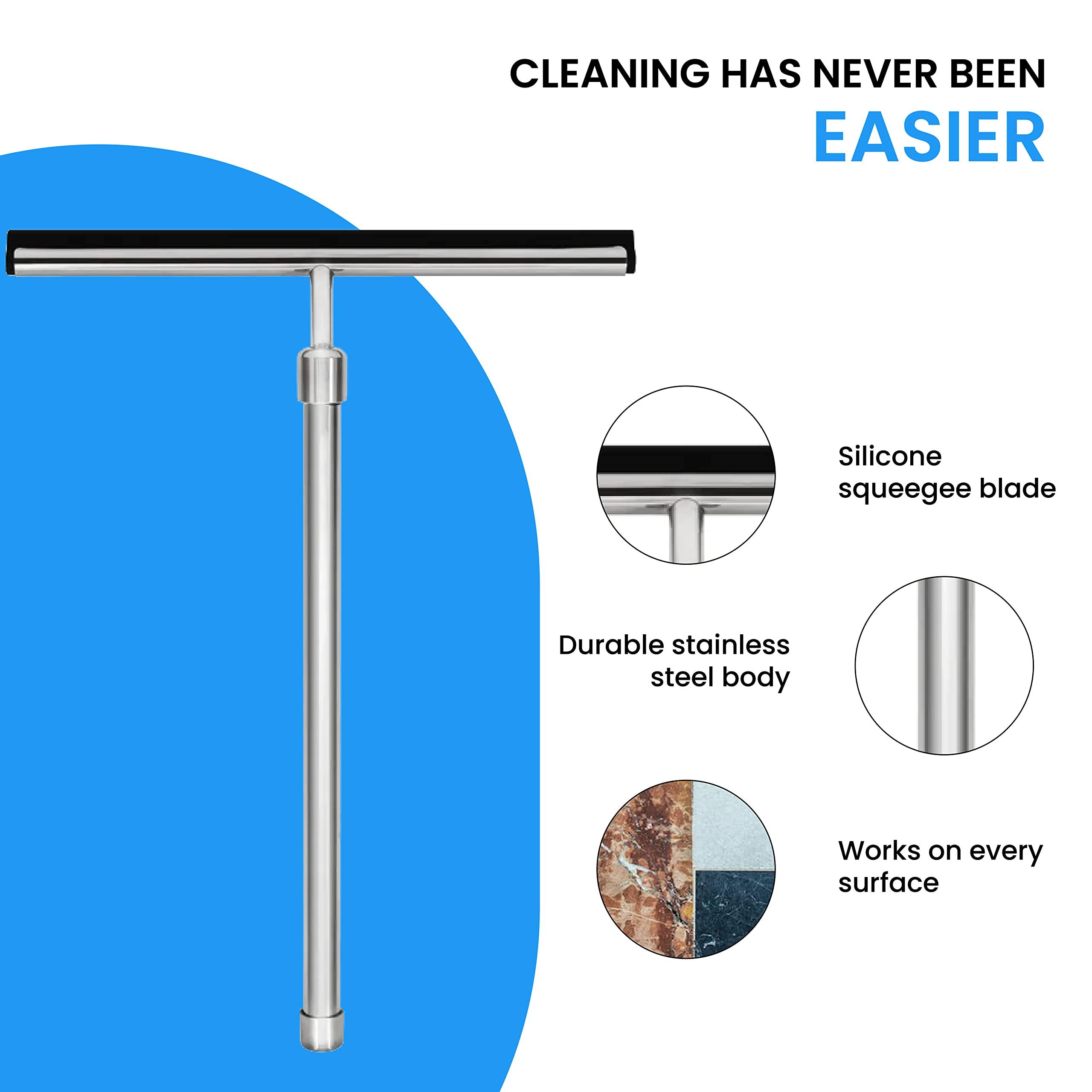 Grand Fusion Housewares Grand Fusion Shower Squeegee with Long Handle for Glass Doors, Tile Walls, Mirrors and Windows. Telescoping Squeegee for Glass Cleaning. Bathroom Stainless Steel Squeegee, 10inch Wide, Chrome  1pk