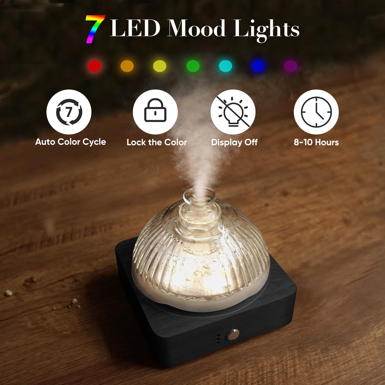 Levoair Glass Dome Essential Oil Diffuser with Glass Reservoir & Wood Base-Plastic Free, 200ml Ultrasonic Glass Diffuser for Aromatherapy with Timer 7 Color Light Auto-Off for Gift Home Office Yoga Dark Brown