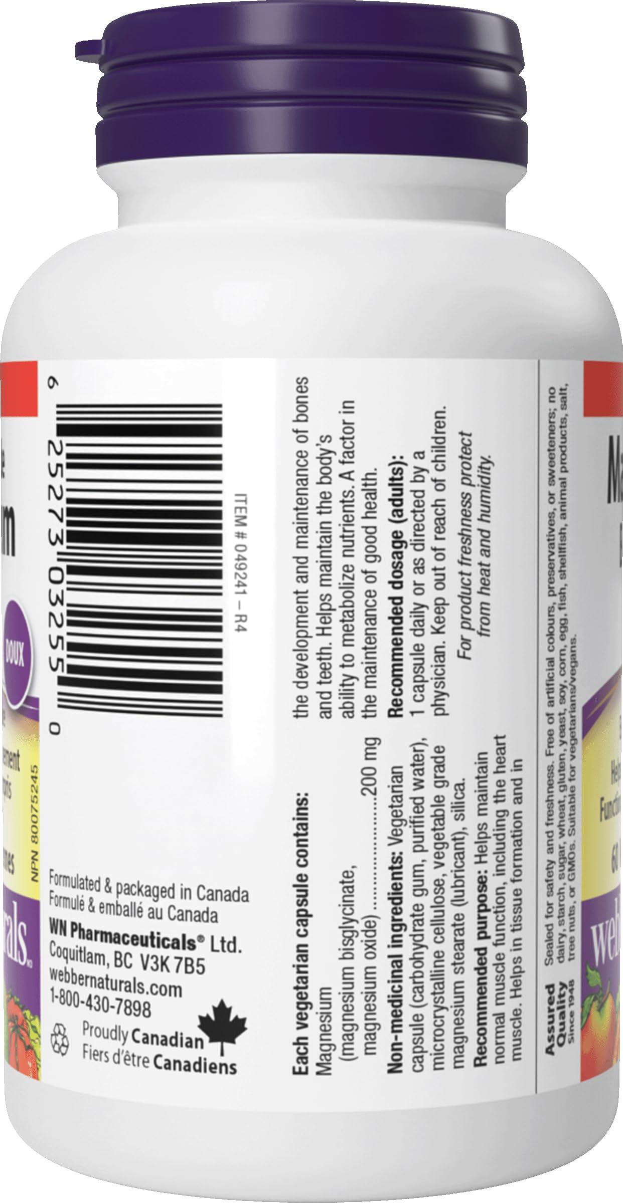 Webber Naturals Webber Naturals Magnesium Bisglycinate 200mg, 60 Vegetarian Capsules