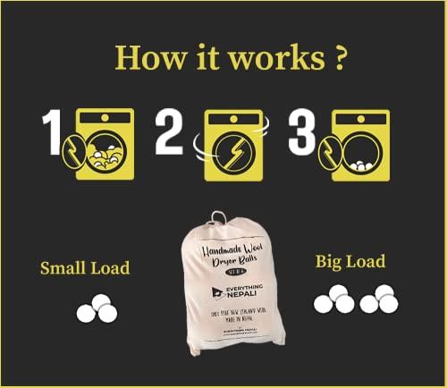 Everything Nepali Laundry Wool Dryer Balls 6 Pack - Premium Natural Organic, Chemical Free, Reusable, Anti Static, Reduces Clothing Wrinkles and Saves Drying Time