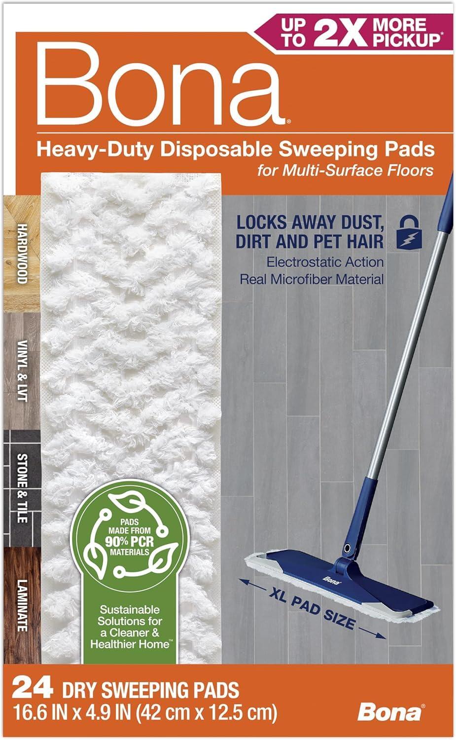 Bona Bona Sweeping Pads for Multi-Surface Floors - 24 Refills - Heavy-Duty & Disposable Pads - XL Microfiber Pads Wipe Away Dust, Dirt, & Pet Hair