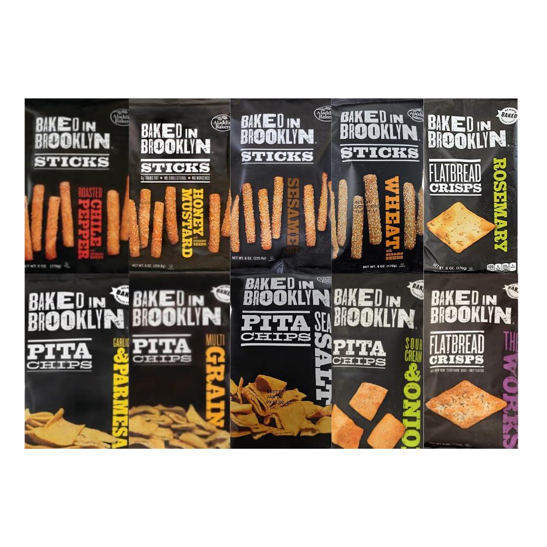 Generic Generic Variety Pack Baked in Brooklyn - 4 Flavors of Pita Chips, 4 Flavors of Sticks, 2 Flavors of Flatbread - Healthy Snacks - 6 oz Each, 10 Pack - Perfect for Parties & On-the-Go