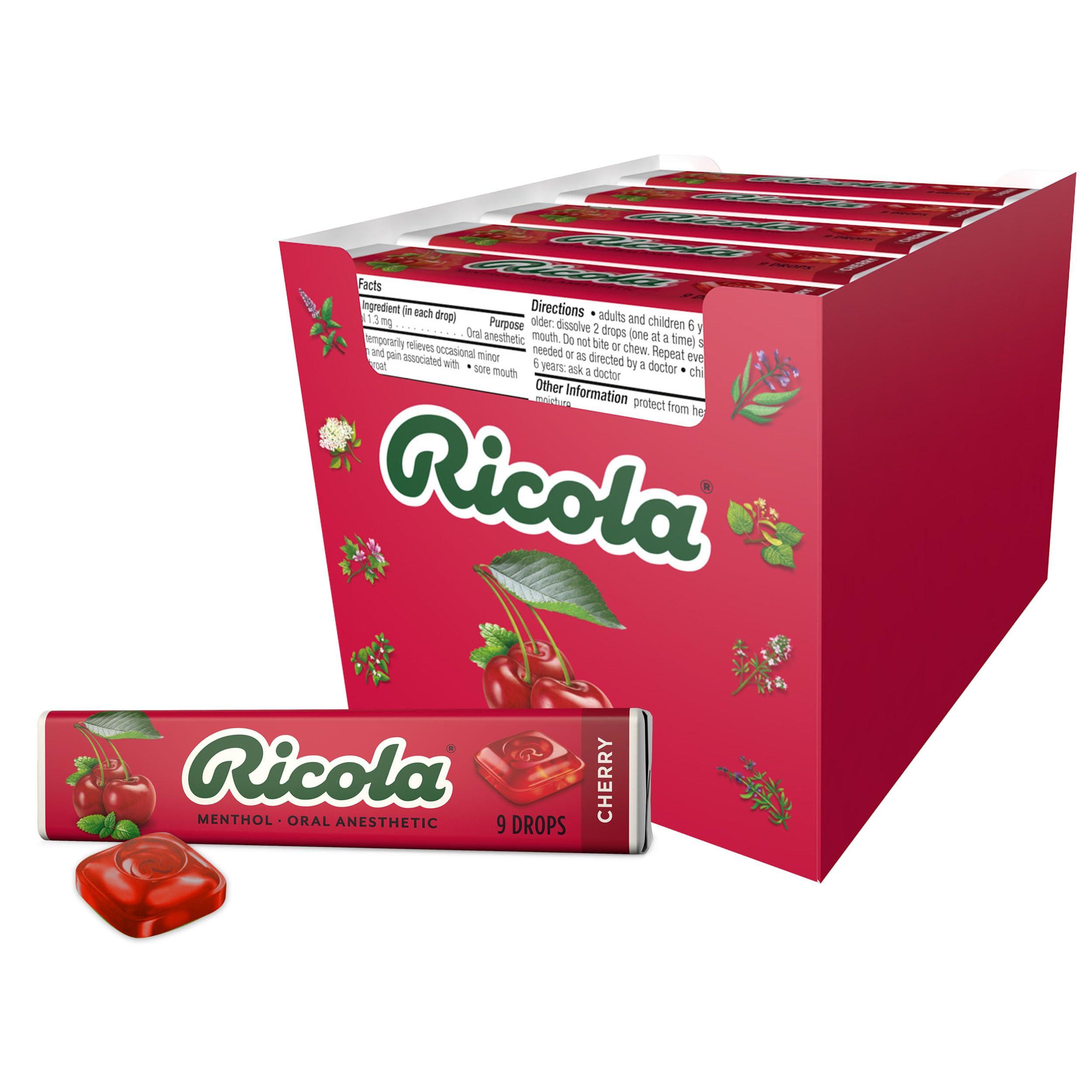 Ricola Ricola Cherry Throat Drops, 9 Count Stick (Pack of 20), Daily Drops For Delicious Throat Refreshment, Oral Anesthetic, Naturally Flavored