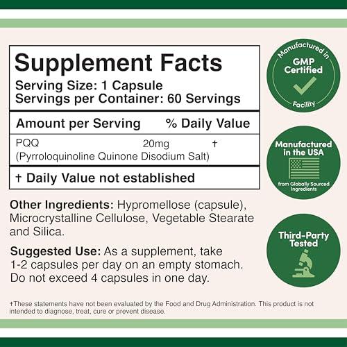 Double Wood Supplements PQQ Supplement - 20mg, 60 Capsules (Pyrroloquinoline Quinone) Promotes Mitochondria ATP Coenzyme Levels, Energy Optimizer and Sleep Support (Non-GMO, Gluten Free, Vegan Safe) by Double Wood