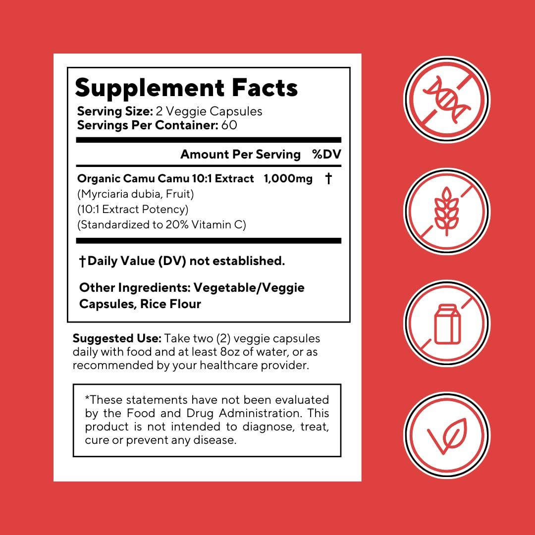 Vitapia Organic Camu Camu Extract 20% Vitamin C Capsules - Immune, Collagen, Metabolism Support - 120 Veggie Capsules - Non GMO, Gluten Free, Vegan Supplement