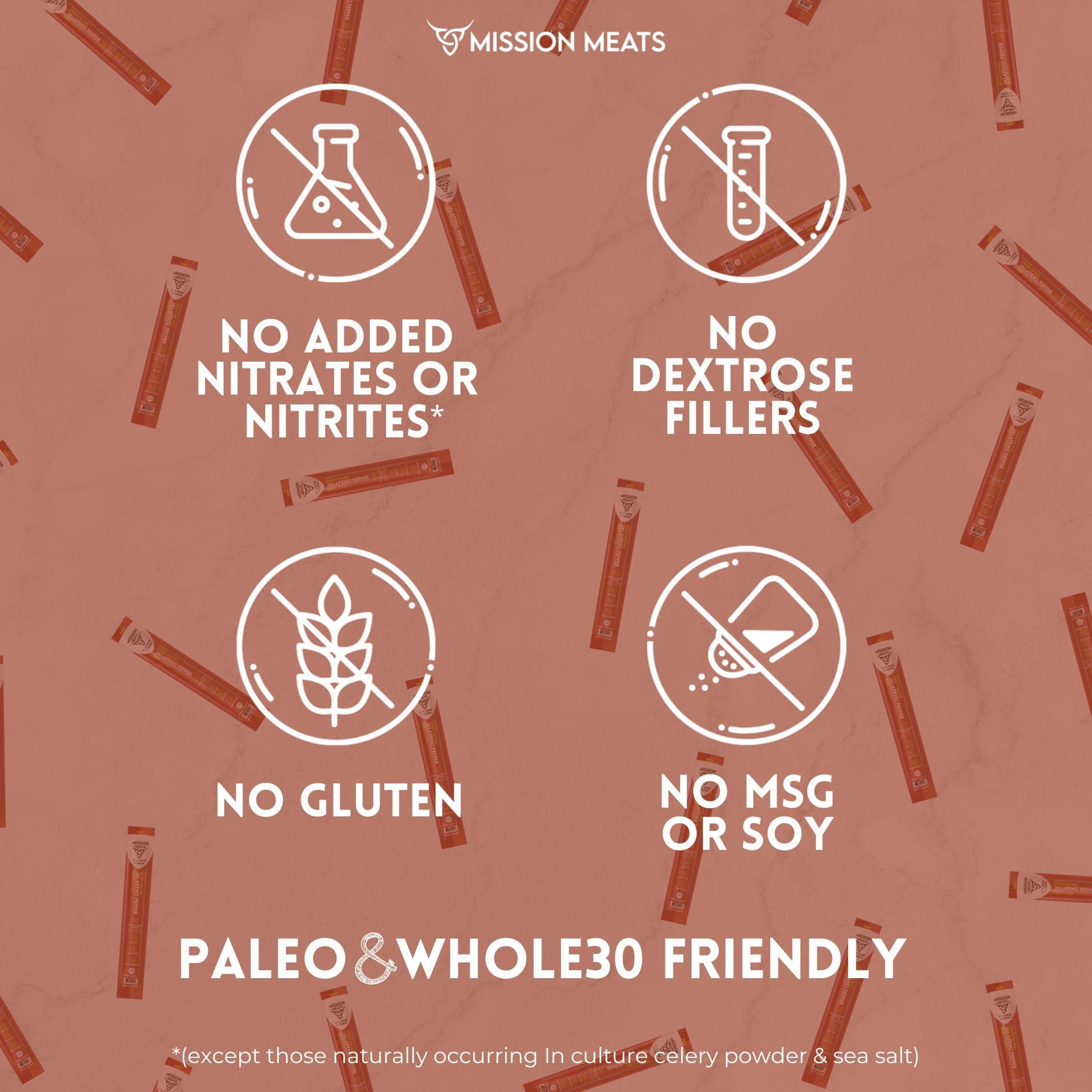 EST. 2015 MISSION MEATS Mission Meats Beef Sticks 100% Grass Fed & Pasture Raised, Zero Sugar, Gluten Free, Meat Sticks Individually Wrapped, Healthy Snacks, Whole 30 & Paleo Friendly, Jalapeno 1oz (Pack of 24)