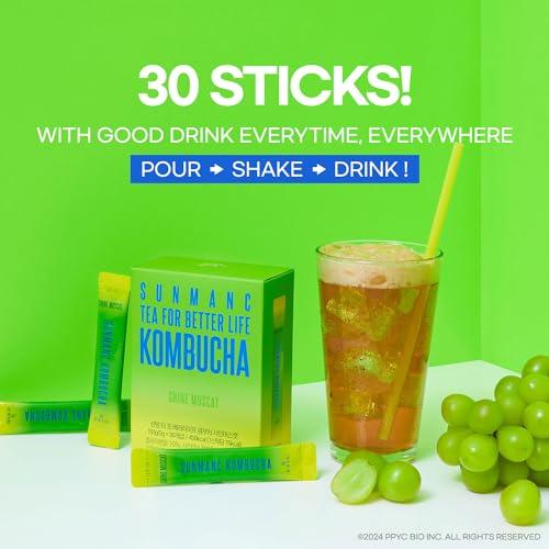 SUNMANC SUNMANC Kombucha 30 packets, Sparkling Probiotic Fermented Drink, Convenient Powdered Drink Mix, Tea Powder, Low Calories, Sugar 0g, Low Caffeine (Shine Muscat)