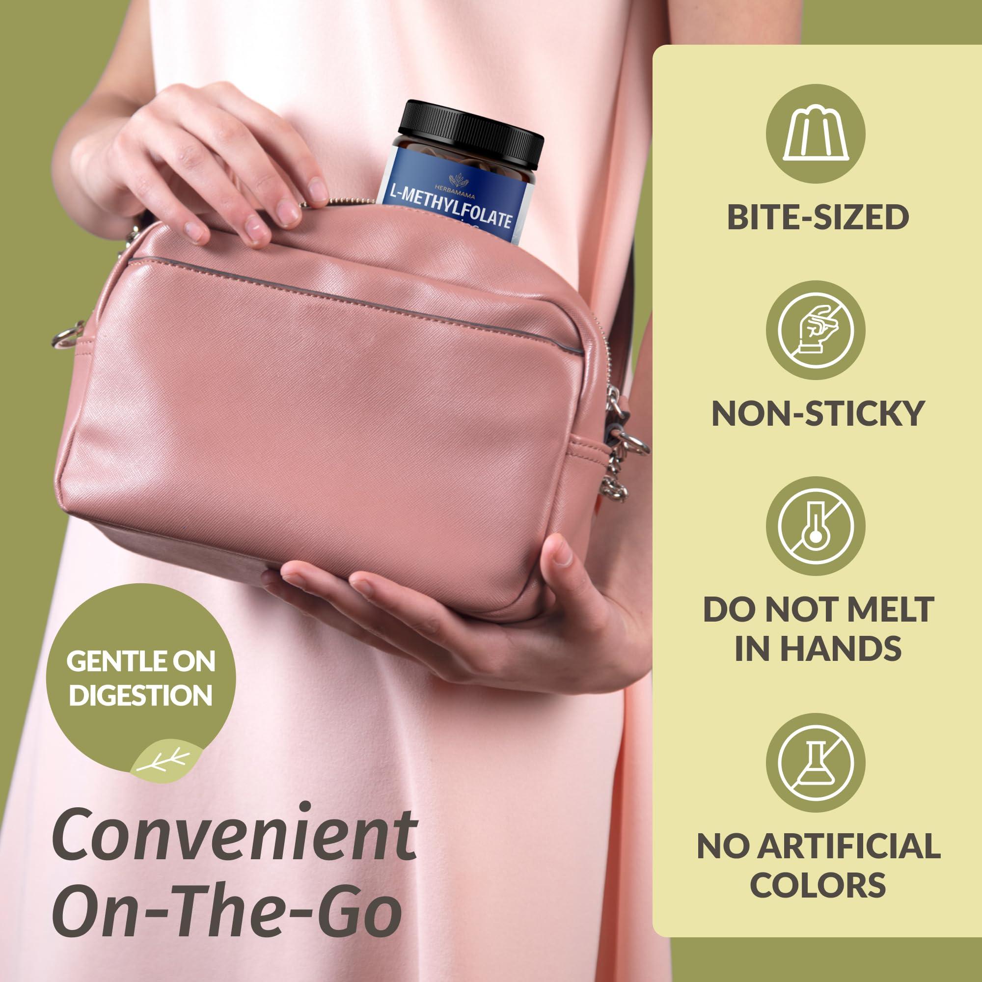 HERBAMAMA HERBAMAMA L-Methylfolate Gummies - 15mg 5-MTHF Calming Supplement for Adults - Vegan, Non-GMO Methylated Folate (Vitamin B9) for Brain Support - 60 Pectin-Based Blueberry-Flavored Chews