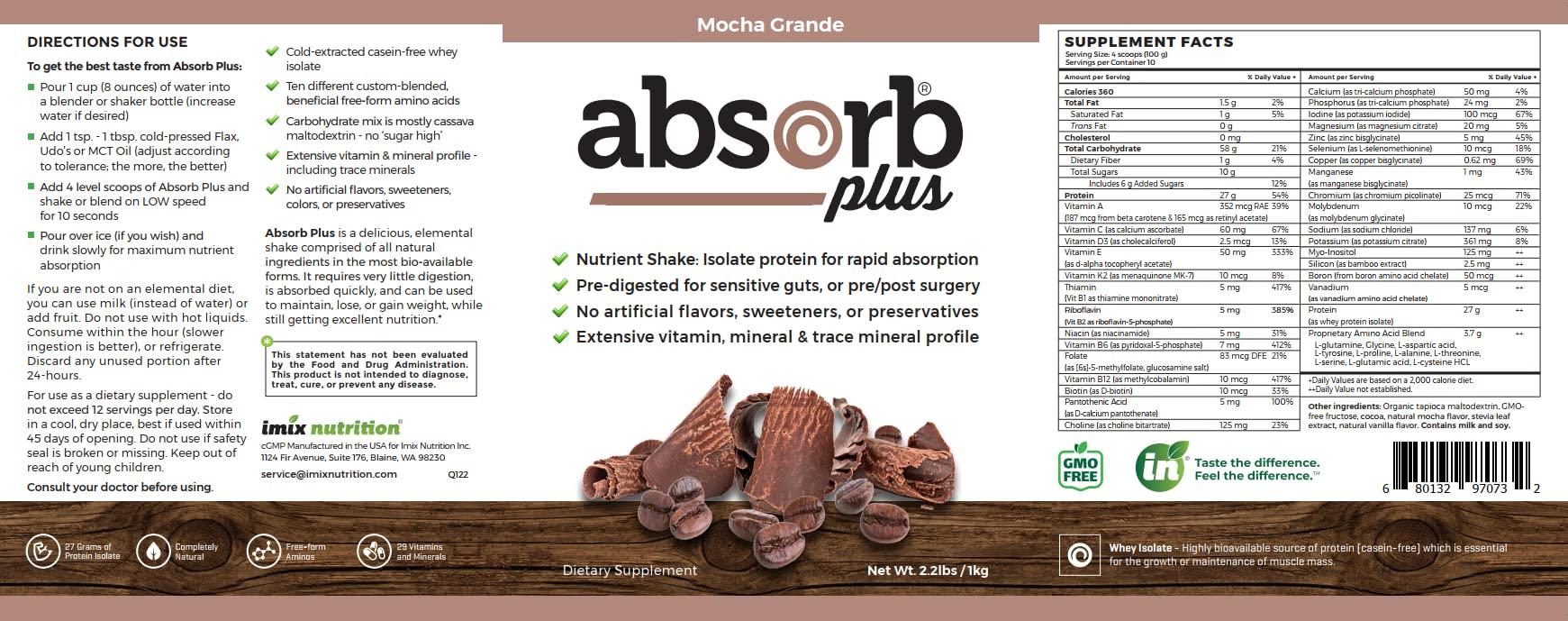 Absorb Plus Absorb Plus Isolate Protein - Diet Supplement for Improved Gut Health, Extra Nutritional Support, Non-GMO, Gluten-Free, Lactose-Free, Casein-Free (2.2 Lbs, Mocha Grande)
