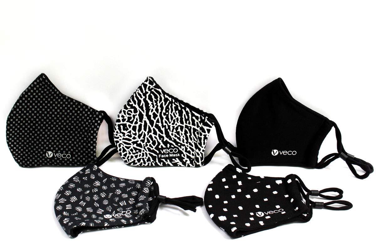VECO VECO Fabric Face Mask - Pack of 5 (Adult, Black Combo)