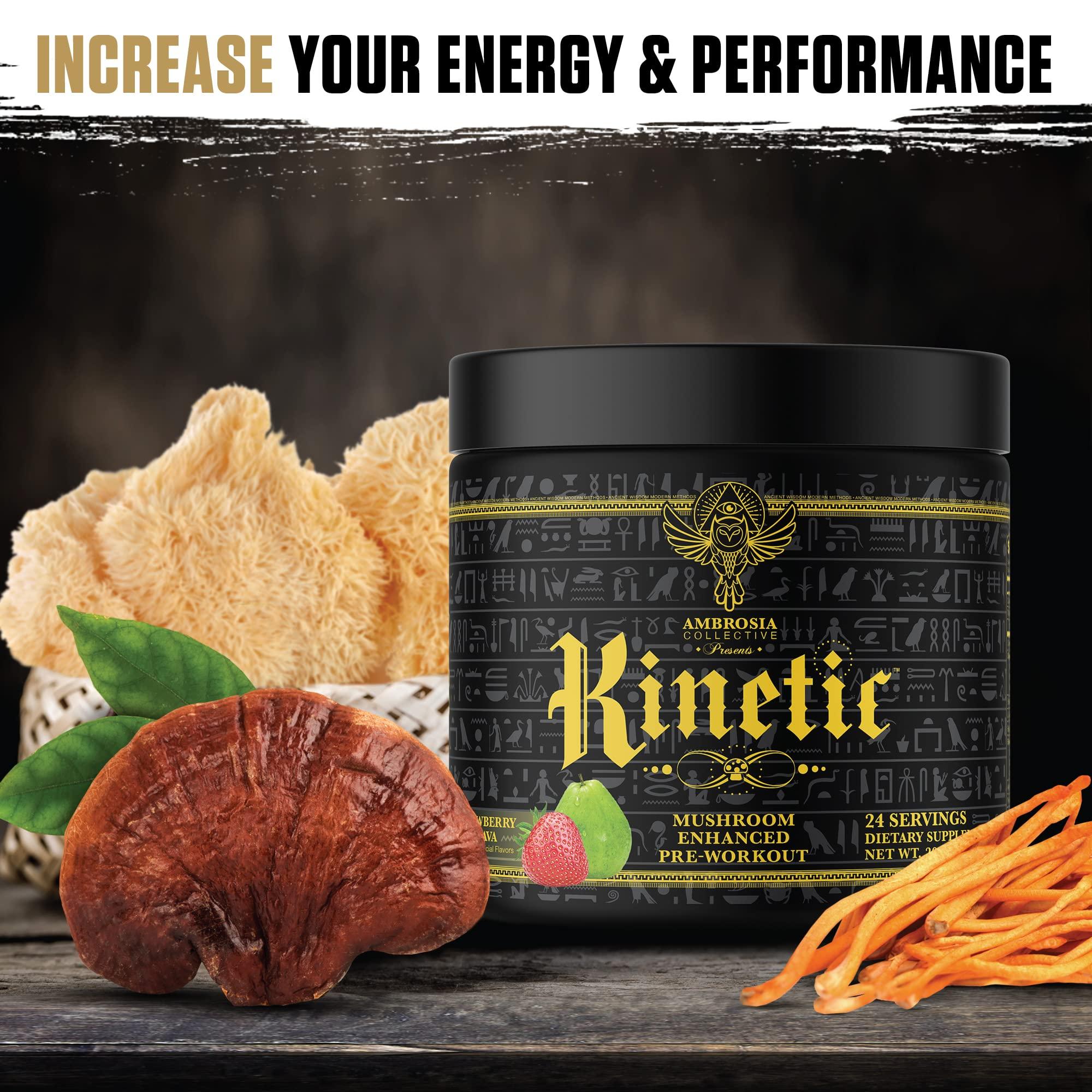 Ambrosia Ambrosia Kinetic Organic Preworkout, Mushroom Enhanced Natural Pre Workout Supplement, Nootropic Superfood Powder for Energy (Strawberry Guava)