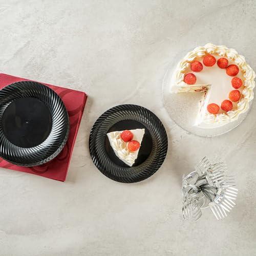 Restaurantware Restaurantware Moderna 7 Inch Premium Disposable Plates 40 Round Plastic Plates For Parties - Wave Pattern Heavy-duty Black Plastic Dinner Plates For Warm And Cold Foods Ideal For Cafes