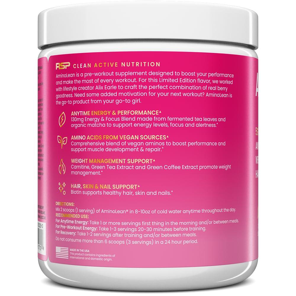 RSP NUTRITION RSP NUTRITION AminoLean Pre Workout, Clean Energy with No Jitters, Tingles or Crash, Vegan Friendly with Added Biotin for Hair, Skin, Nails, Berry Elixir, 30 Servings