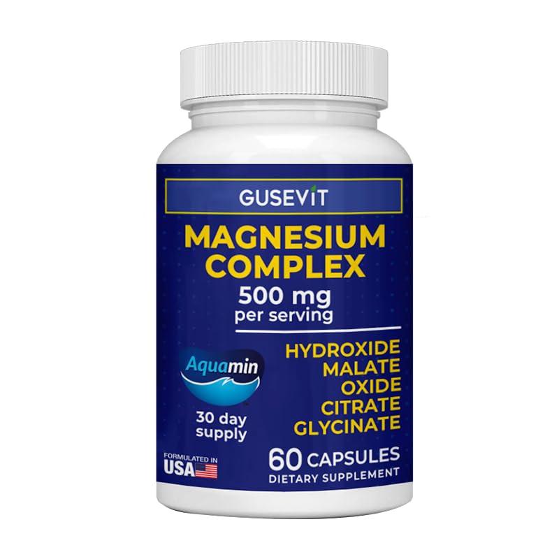Gusevit 5-in-1 Gusevit Magnesium Complex, Aquamin Magnesium Hydroxide, Malate, Oxide, Citrate, Glycinate, 60 Capsules, 30 Days Supply,