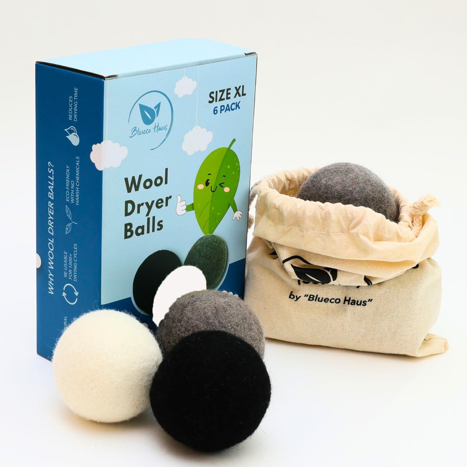 Blueco Haus Blueco Haus Dryer Balls - Set of 6 XL Size 3 Colors - Reusable -Dryer lint Balls - Laundry Wool for Dryer - Dryer Balls Cozy House - Dryer Balls friendsheep - Wool Dryer Balls