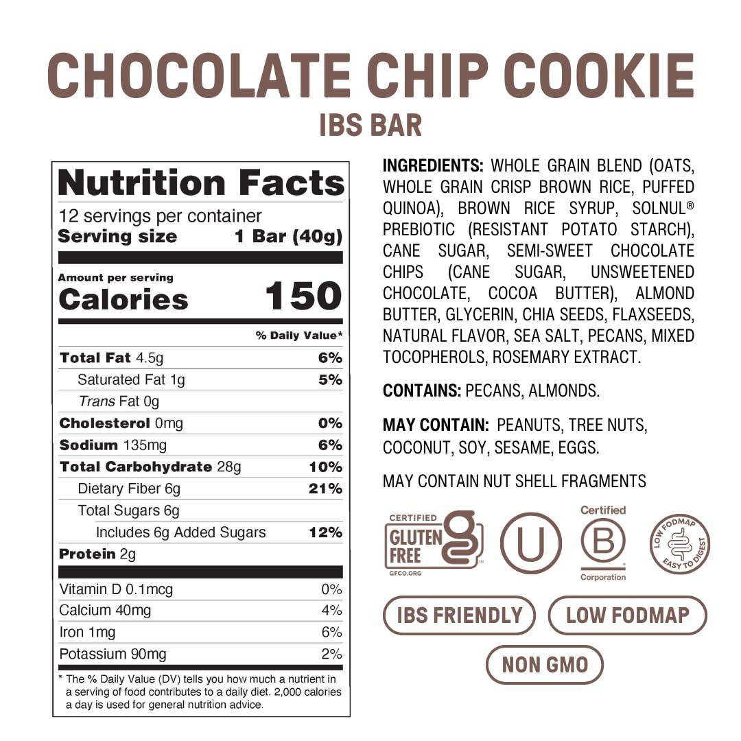 Fody Fody Foods IBS Bar | Chocolate Chip Cookie | Low Fodmap Snack | Supports GI Health | 6 Grams Prebiotic Fiber | Gluten & Lactose Free, Vegan | Pack of 12