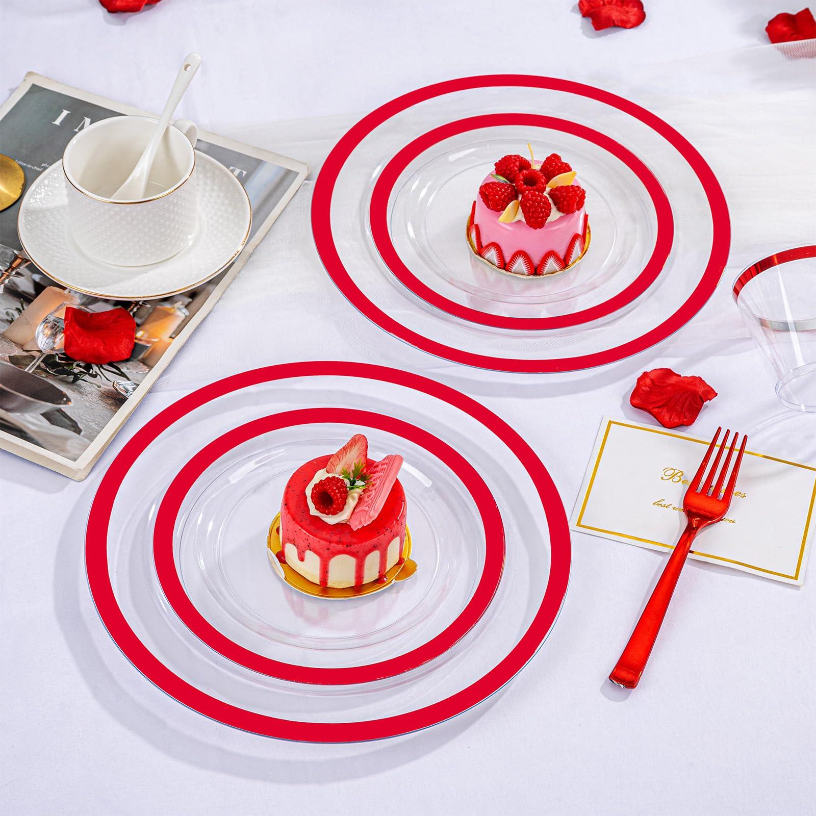 I00000 I00000 350 Pcs Clear and Red Plastic Plates,Valentines Disposable Dinnerware Set, Include 50 Dinner Plates 10.25\'\', 50 Dessert Plates 7.5\'\',50 Red Rim Cups,50 Per Rolled Napkins with Plastic Cutlery