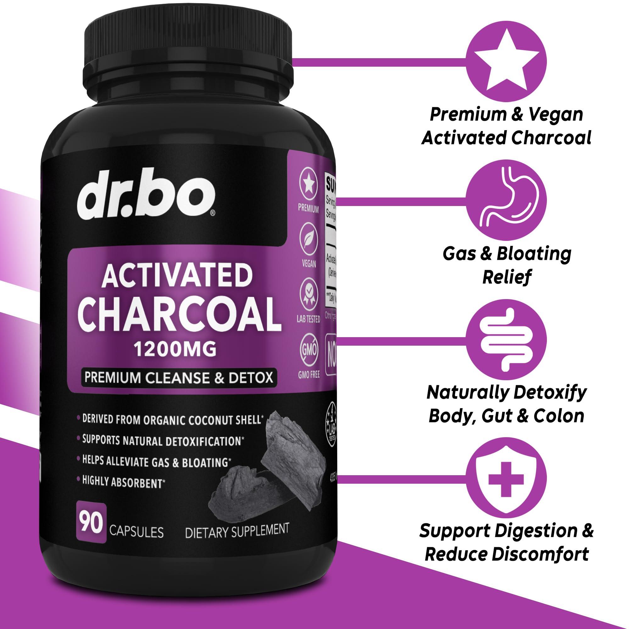 DR. BO Activated Charcoal & Colon Cleanser Detox - Organic Coconut Charcoal Pills & Colon Cleanse for Stomach Gas Bloat & Regularity - Bowel Movement Supplements for Stomach Bloating, Gut Support