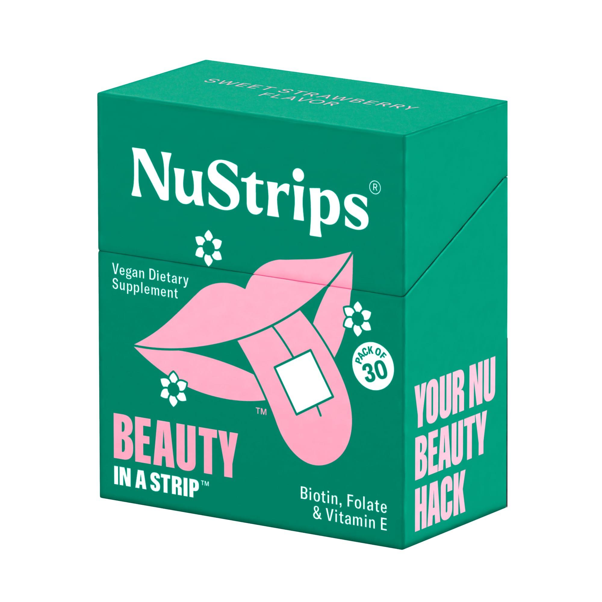 NuStrips NuStrips Beauty | Strawberry Flavored Oral Strips with Biotin, Folate and Vitamin E | Vitamins for Hair, Skin & Nails | Maximum Absorption, Fast Results | 30 Individually Wrapped Strips