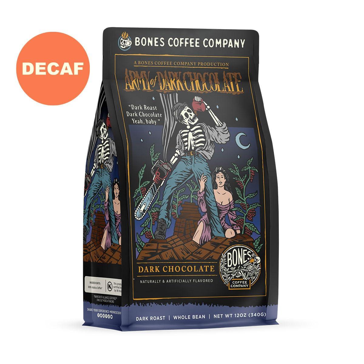Bones Coffee Company Bones Coffee Company Decaf Army Of Dark Chocolate Flavored Coffee Beans, Whole Bean Coffee Medium Roast Low Acid Decaffeinated, Dark Chocolate Flavor (12 oz)