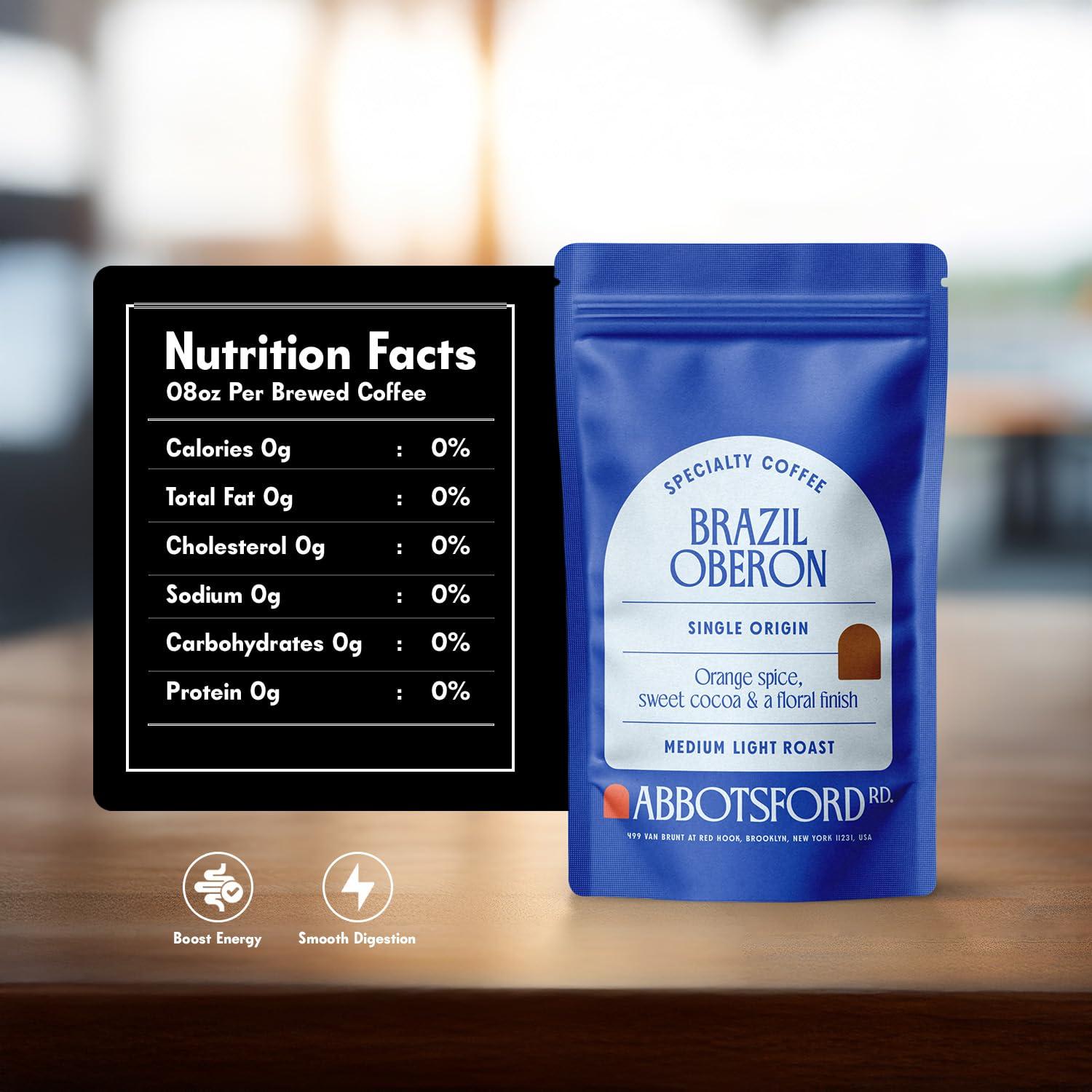 Abbotsford Road Brazil Oberon Ground Coffee, Medium Light Roast Ground Coffee with Orange Spice & Cocoa, 12 oz Brazilian Coffee Bag, Single Origin from Cerrado, Specialty Coffee for a Bright, Flavorful Brew