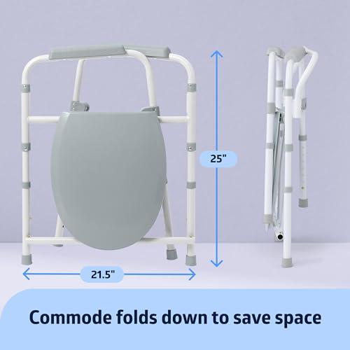 Medline Medline 3-in-1 Steel Bedside Commode, Standard Seat, Sturdy Folding Frame, 7.5 QT. Bucket, 350 lb. Weight Capacity, Clip-on Seat, Easy Cleaning, Tool-Free Assembly, Gray
